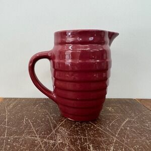 Vintage USA Pottery Pitcher Red Wine Ribbed‎ Design Kitchen Decor Rustic